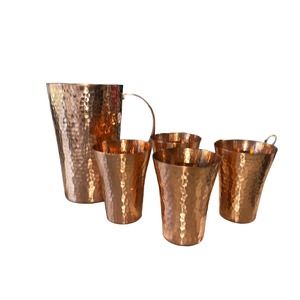Isha Life Made in India Solid Copper Hammered Water Jug Pitcher and 4 Glasses